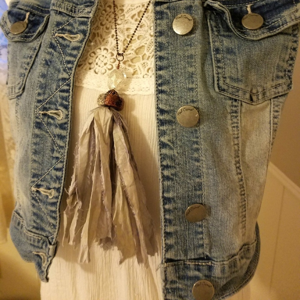 Silk Sari Tassel Necklace- Gray and Bronze